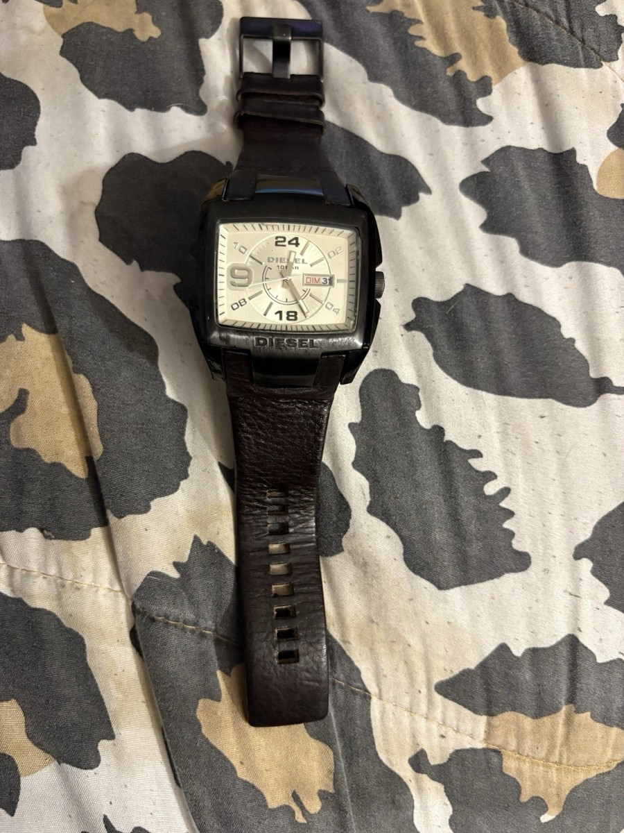 Diesel DZ-1216 Men's Silver Dial Day-Date Watch with Brown Leather