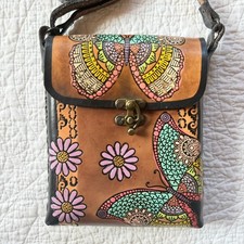 Vintage Hand Tooled Painted Leather Crossbody Bag Butterfly Floral Western Boho