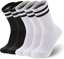 5 Pairs Striped Cotton Crew Socks, Cushioned, Athletic Socks for Men Women Teens