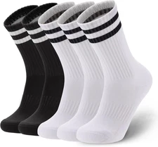 5 Pairs Striped Cotton Crew Socks, Cushioned, Athletic Socks for Men Women Teens