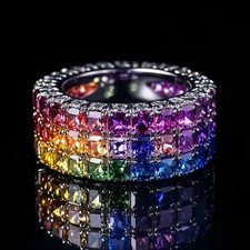 14Ct Asscher Lab-Created Multicolor Cluster Wedding Band 14K White Gold Plated