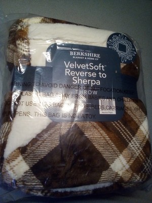 BERKSHIRE Velvetsoft Reverse to Sherpa Throw Blanket Neutral Plaid 60x70 NEW