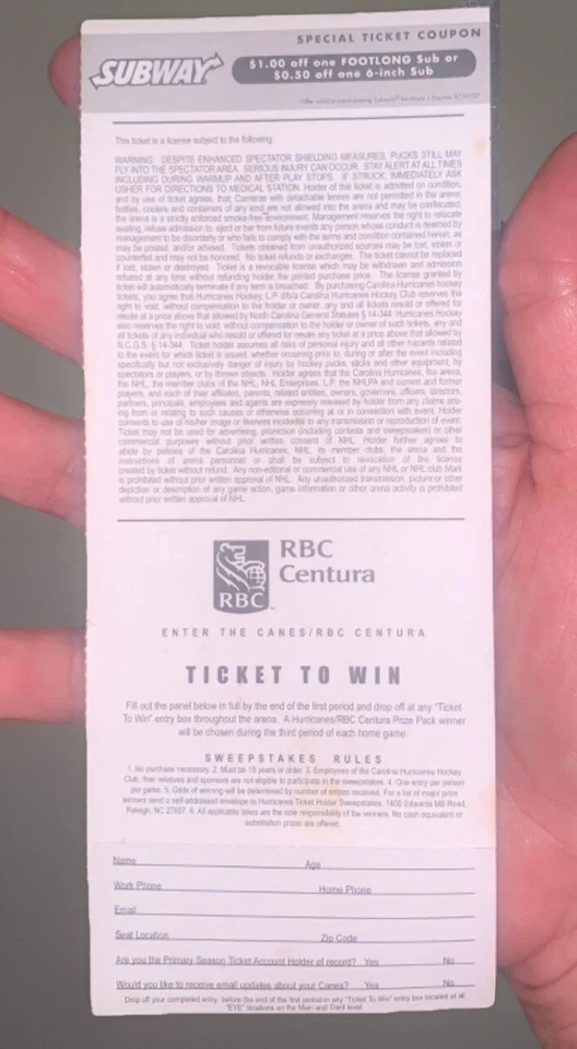 Boleto de hockey sobre huracanes de Carolina del Norte 2006 Eric Staal sin usar Foto 2 de 3
