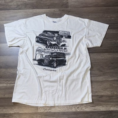 Vintage Y2K Jerzees Hot Rod Car Graphic T-Shirt XL White Double Feature Oatman