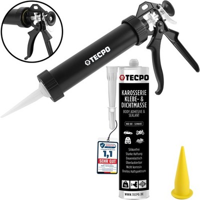 TECPO KLEBE und DICHTMASSE 370 g KAROSSERIEKLEBER SCHWARZ + ALU-KARTUSCHENPRESSE