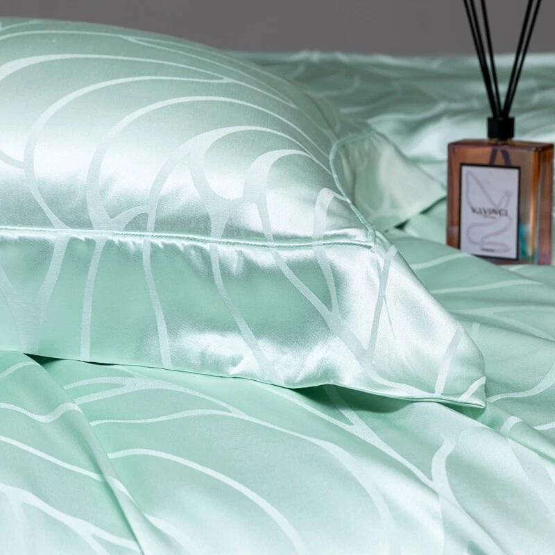 Juego de cama 4 piezas funda nórdica de mezcla de seda natural sábana plana 2 fundas de almohada verde Foto 3 de 4