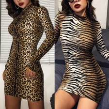 HOT Women Sexy Bodycon Dress Long Sleeve High Neck Animal Print Party Mini Dress