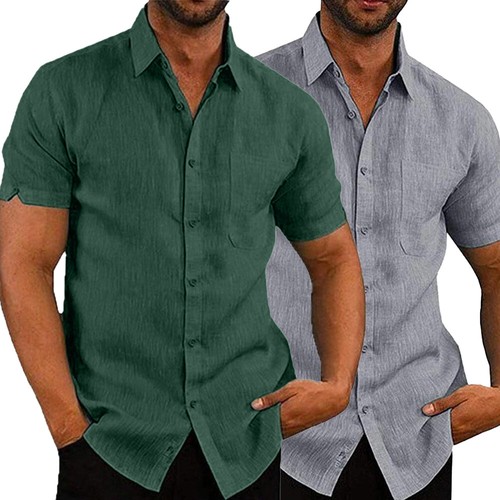 Mens Cotton Linen Casual Shirt Button Short Sleeve Regular Fit Solid Work Tops - Picture 40 of 46