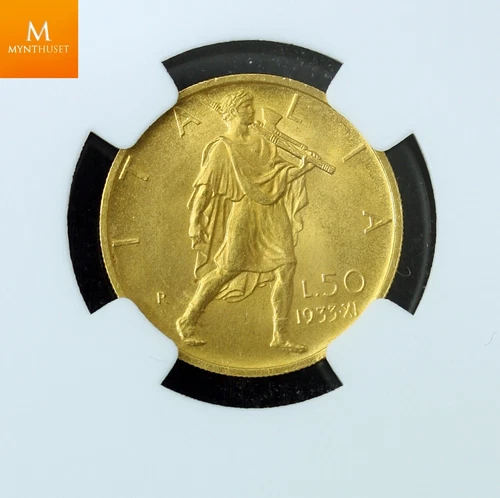 ITALY 1933-R YR.XI 50 LIRE GOLD COIN, NGC GRADED MS64