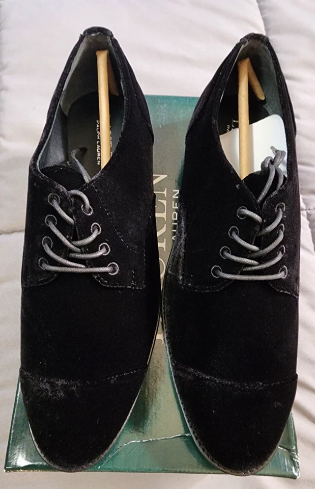 Lauren Ralph Lauren Mujer 8 B Maryna II Negro Terciopelo Cuero Forrado Oxford Foto 2 de 4