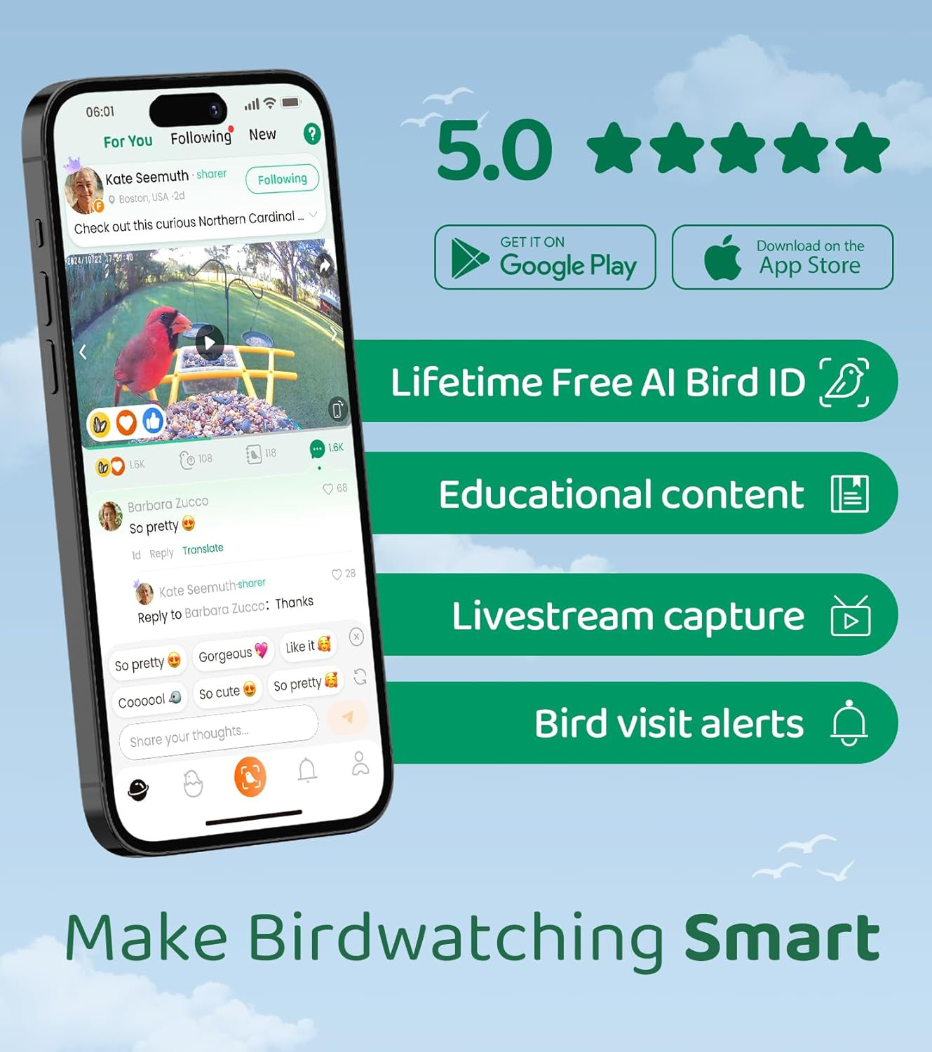 Smart Bird Feeder with Camera, Lifetime Free AI Identify Birds, Solar-Powered 2K