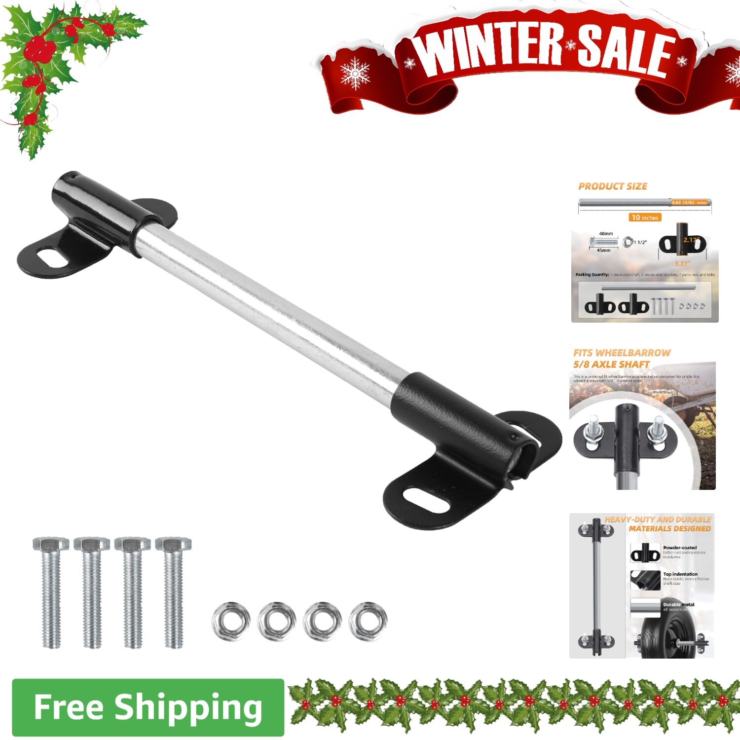 Wheelbarrow Axle Bracket Set 10" x 0.63" Shaft Compatible with 5/8