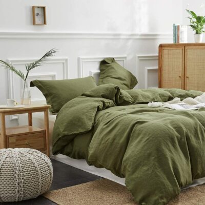 Olive Green color 3 Pcs Set Stonewashed Linen Bedding Duvet Linen Duvet Cover 