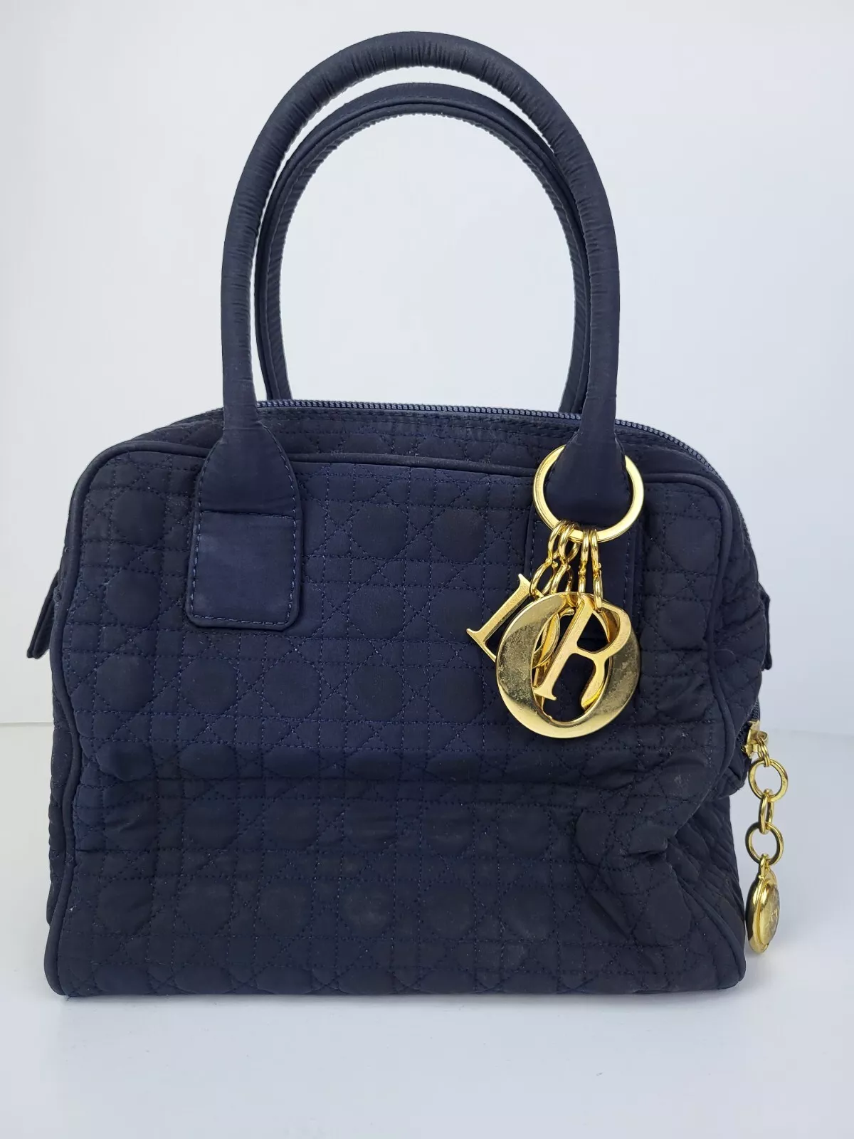 Sac cartable vintage Dior Cannage tissu bleu marine 