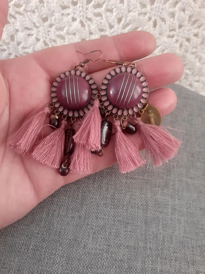 Boho Dusty Rose Tassel And Bead Statement Earrings - Image 4 of 4