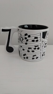 Musical Notes Black & White Coffee Mug Tea Cup Unique Handle Russ Berrie 8oz