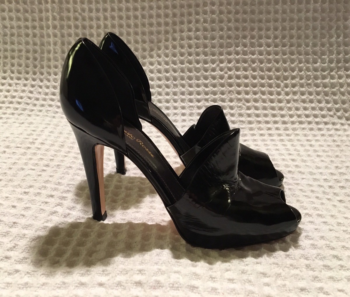 GIANVITO ROSSI 37 / 7 Black Patent Leather Peep Toe D'Orsay High