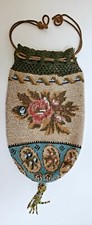 Antique Victorian Crochet Rose Floral Micro Bead Drawstring Purse Excellent
