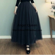 Lady Sheer Mesh Skirt Long A-lined Tulle Slip Pleated Tutu Ball Gown Layers Grey