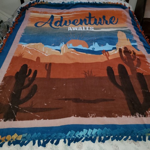 DESERT CACTUS ADVENTURE Fleece Handmade Soft Tie Blanket Large Throw 60" × 72" - Picture 3 of 11