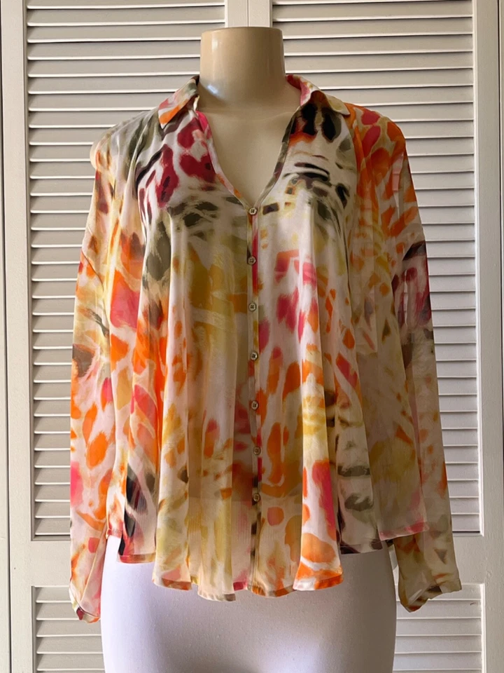 Blusa Jennifer Lopez Multicolor Transparente Top Manga Hendidura DE GRAN TAMAÑO Manga Larga XS Foto 2 de 4