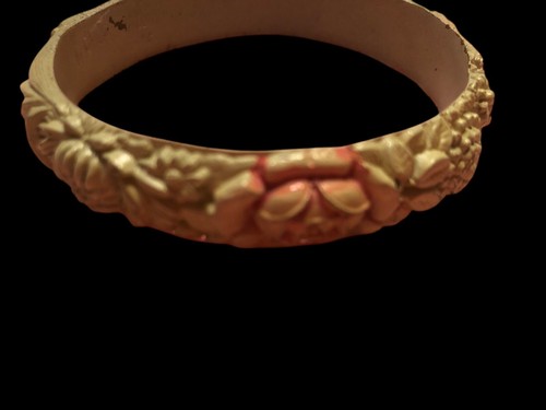 Vintage Carved CELLULOID Pink w/ Tinted Flowers Floral Roses Daises