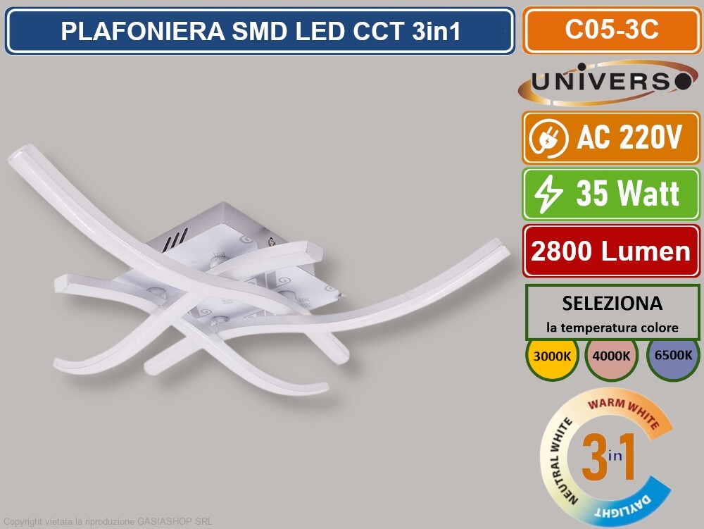Plafoniera LED 35W Moderna 4 Bracci Ondulati | Lampadario 3in1 Soffitto