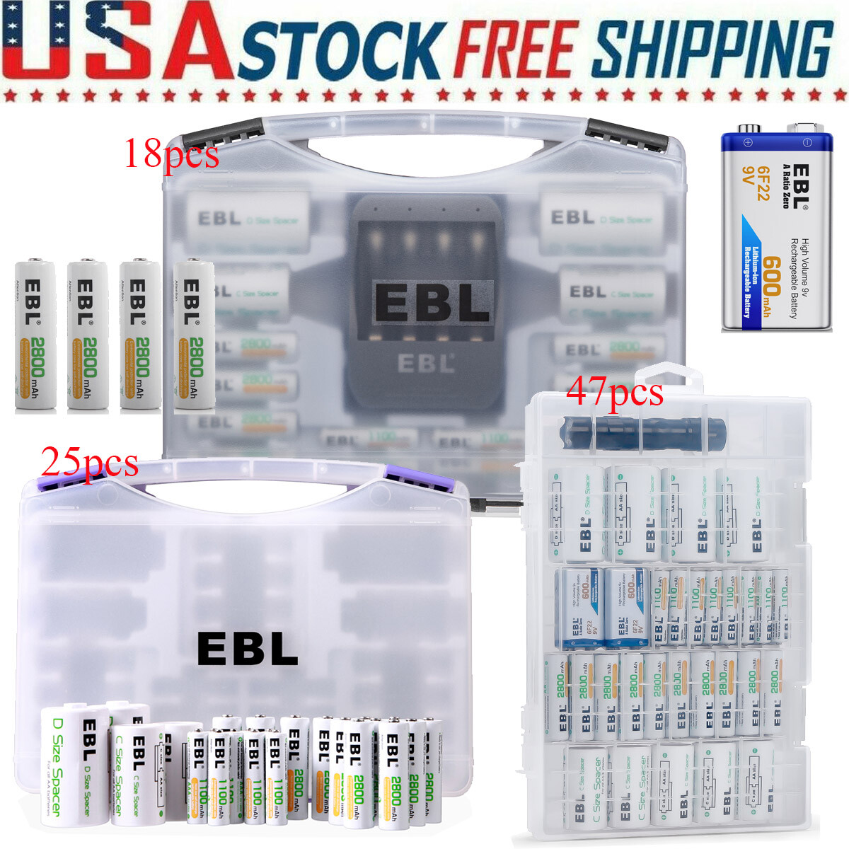 Lot Rechargeable Batteries Combo Box: 9V / AA AAA Size / Charger / C D Converter-image