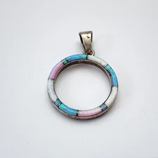 Vtg Opal Inlay Southwestern Open Circle Multicolor Sterling Silver Pendant Only
