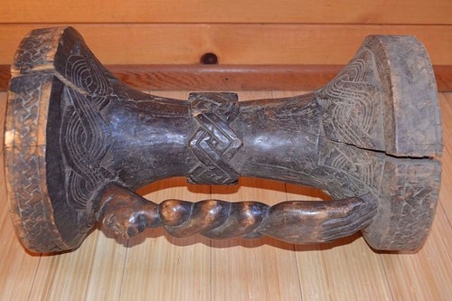 Figura antigua taburete de madera africana Kuba tallada a mano diseño geométrico Congo África - Imagen 9 de 11