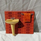 Vintage Lundby Dolls House Yellow Bathroom Sink Tiled Wall & Towel Rail