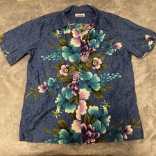 Vintage Penney's Shirt Mens Large Blue Hawaiian Penneys Floral Button Up 50's