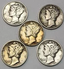 Mercury 90% Silver Dimes - Lot Of 5 - Mixed Dates / Mints - See Photos - M-5e