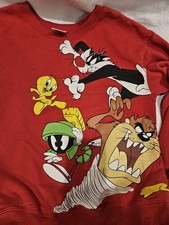 Looney Tunes Red Pullover Sweatshirt M 7-9 Vtg Graphic Print Crew Long Sleeve