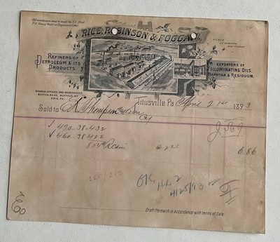 1893 Billhead Titusville Pa Rice Robinson & Foggan Oil Refiners Vignette #b13 