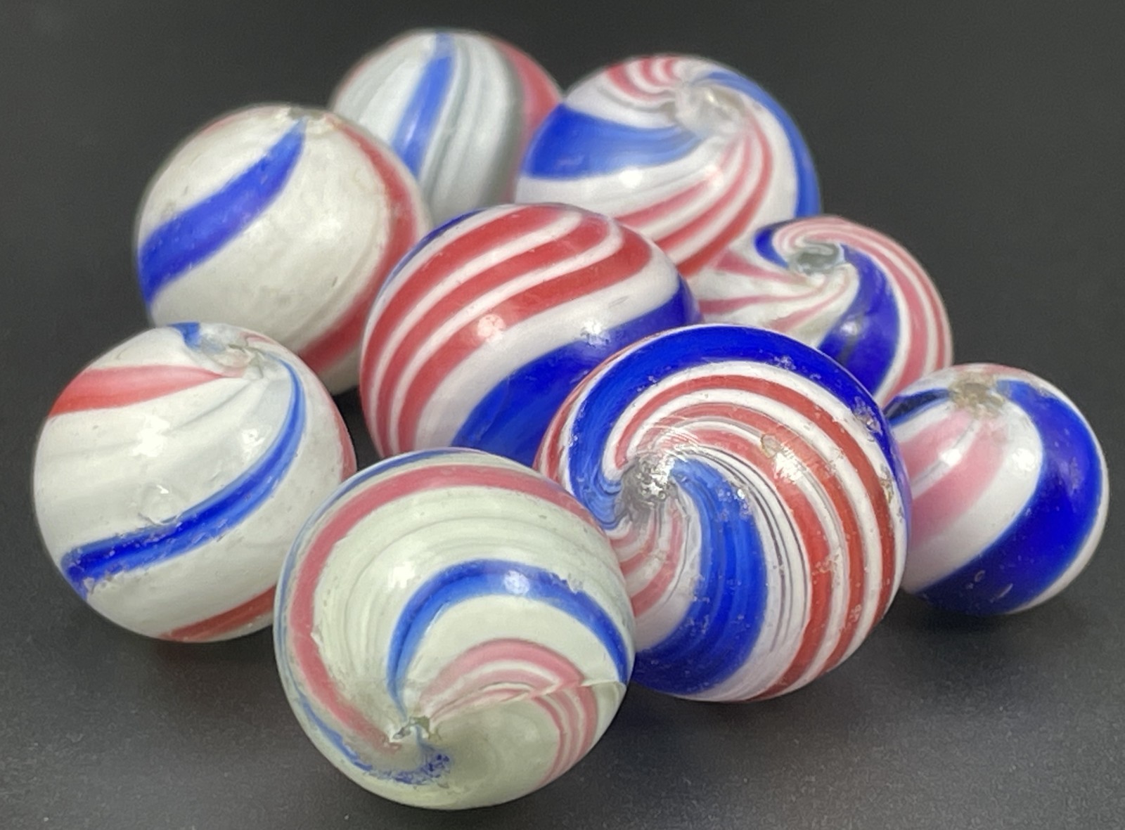 Nice Bundle of 10 Antique German Handmade Peppermint Marbles - .555"-.800"