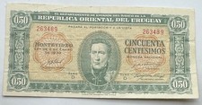 1939 Uruguay 50 Centesimos Note- Cincuenta Cent Banknote - Serie D