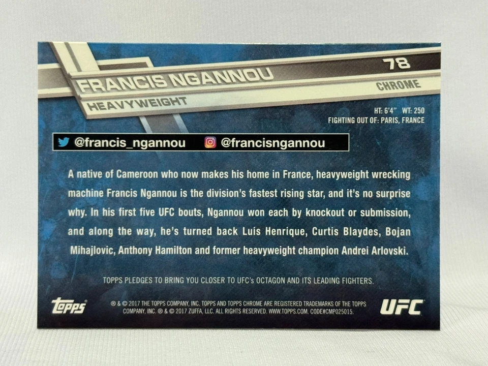 2017 Topps Chrome UFC Francis Ngannou RC #78 - Image 2 of 2