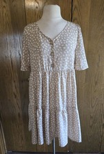 SHEIN Taupe White Print Tiered Babydoll Dress Women's L Pre-owned EUC