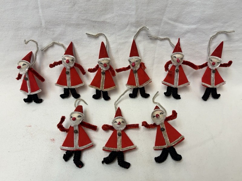 Vintage Lot Pipe Cleaner Cardboard Santa Clause Christmas Tree Ornaments