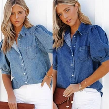 Stylish Puff Sleeve Denim Shirt Top Casual Blue Blouse Pocket Summer Relaxed Fit