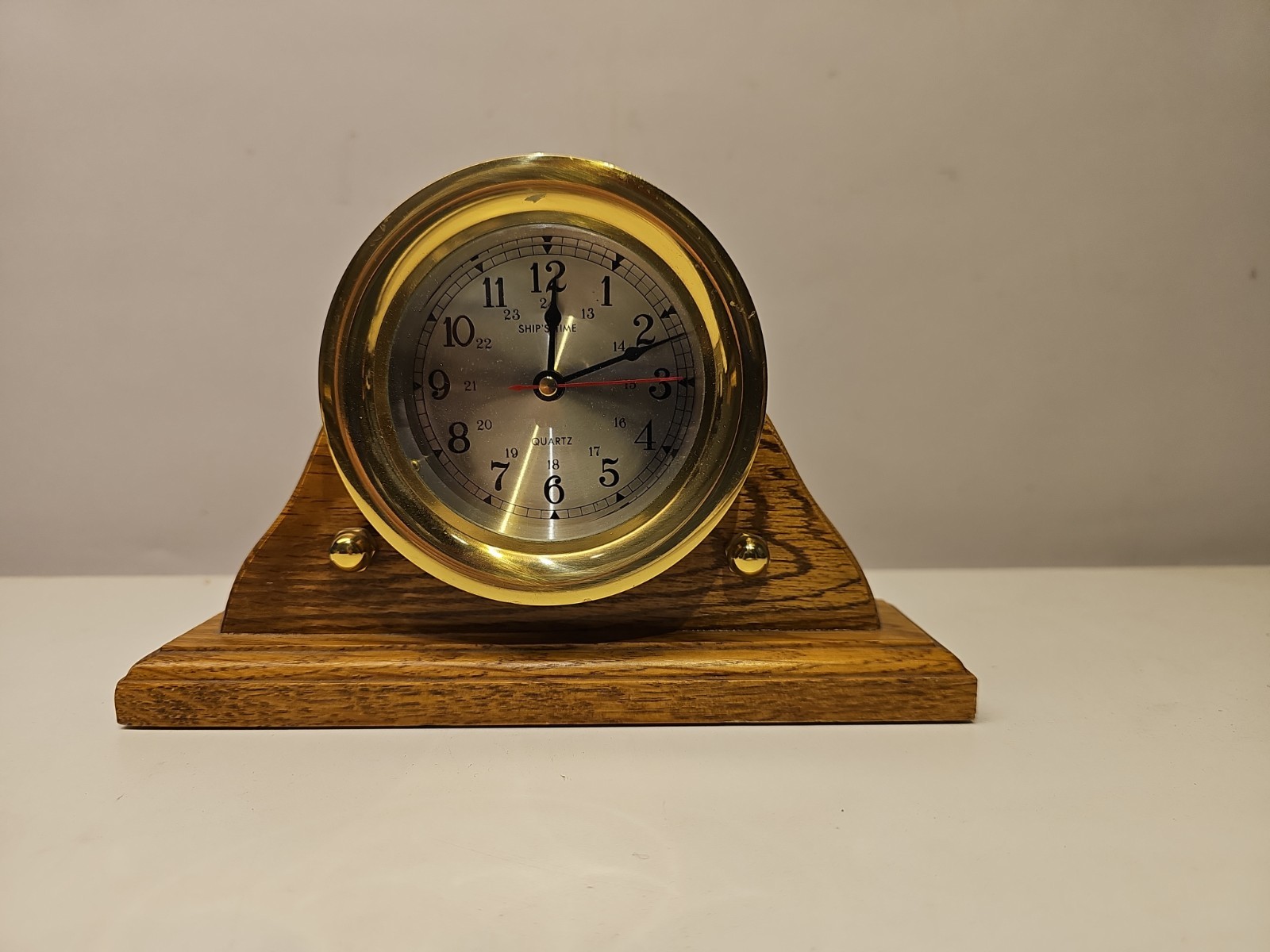 Brass Ships Clock On Oak Base Quartz Movement