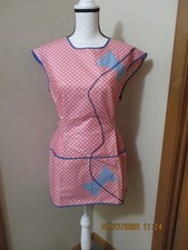 Vintage Handmade Pink/White Polka Dot Blue Trim Full Smock Cotton Apron 30" L