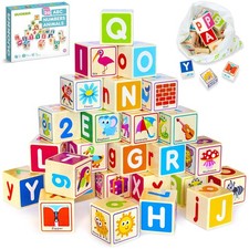 Wooden Blocks for Toddlers 1-3 - 26 ABC Learning Baby Blocks for Kids 3-5 Yea...