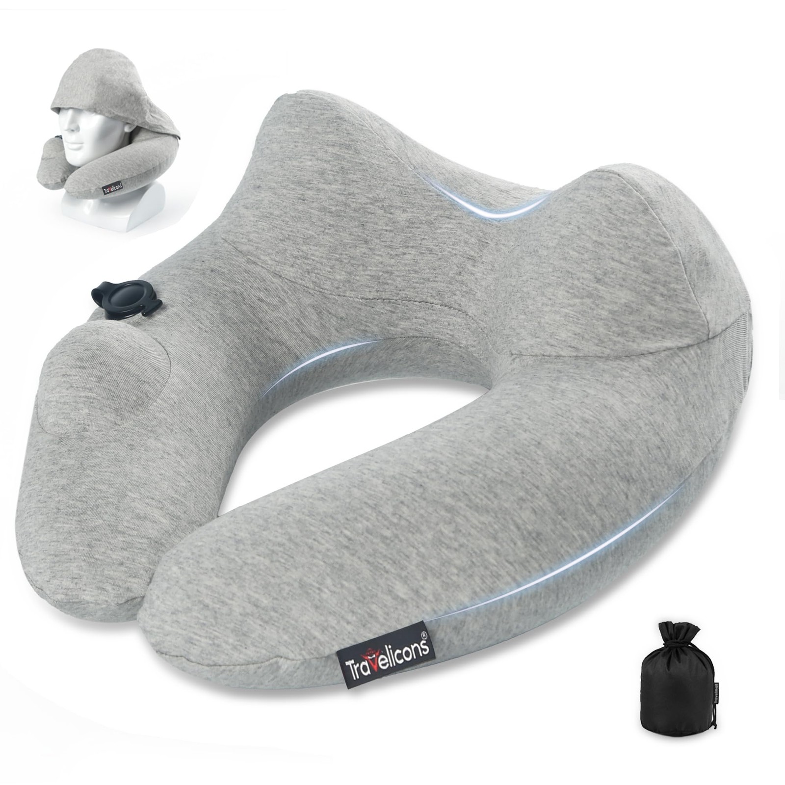 Inflatable Travel Neck Pillow with Hood for Airplane Car and Long Trips-image
