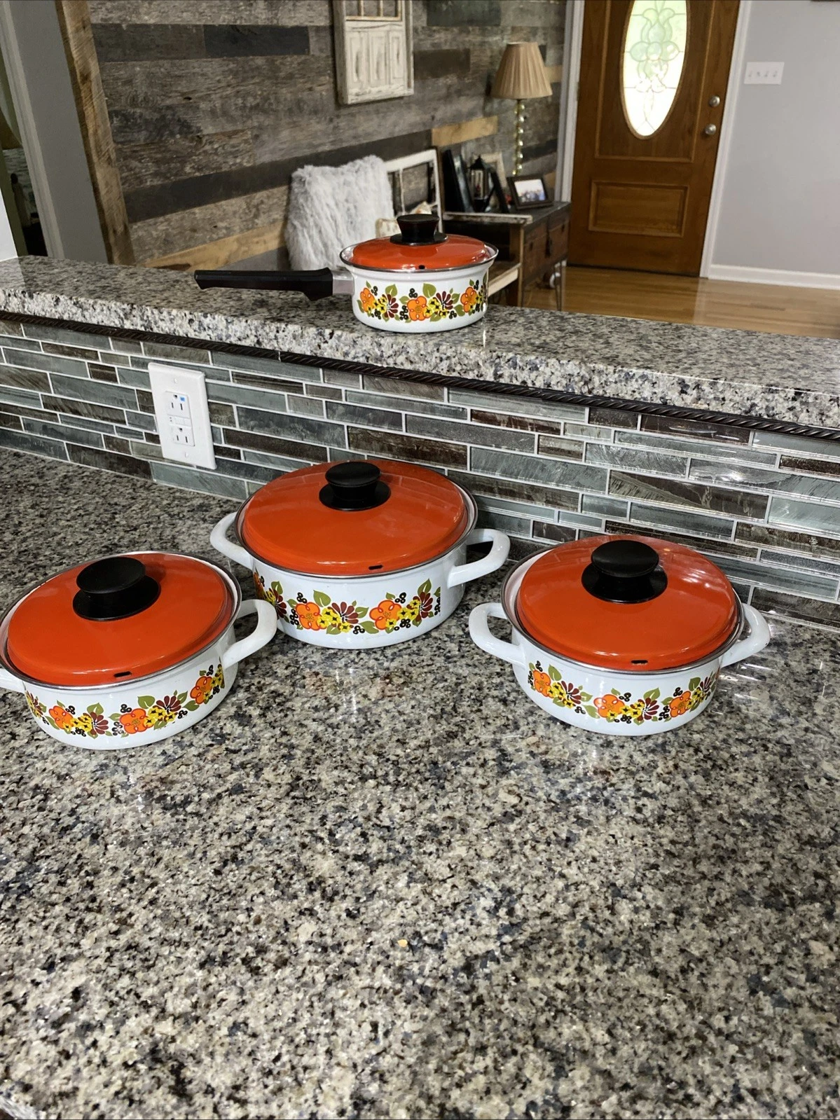 Vtg retro Austria Email Farm Boho Flowers 8 Pc Cookware Enamel Pots Pans Cottage