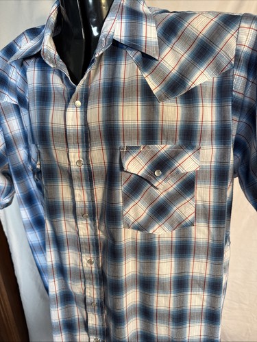 Plains Western Wear Men’s Pearl Snap Size L Navy White Plaid - Vintage - Picture 13 of 14