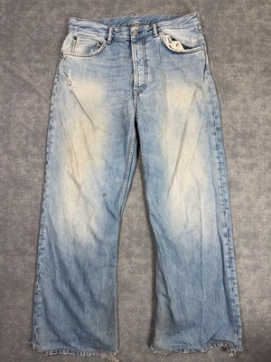 Acne Studios 2021M Jeans Mens 34x32 Light Wash Blue Wide Leg Distressed Frayed