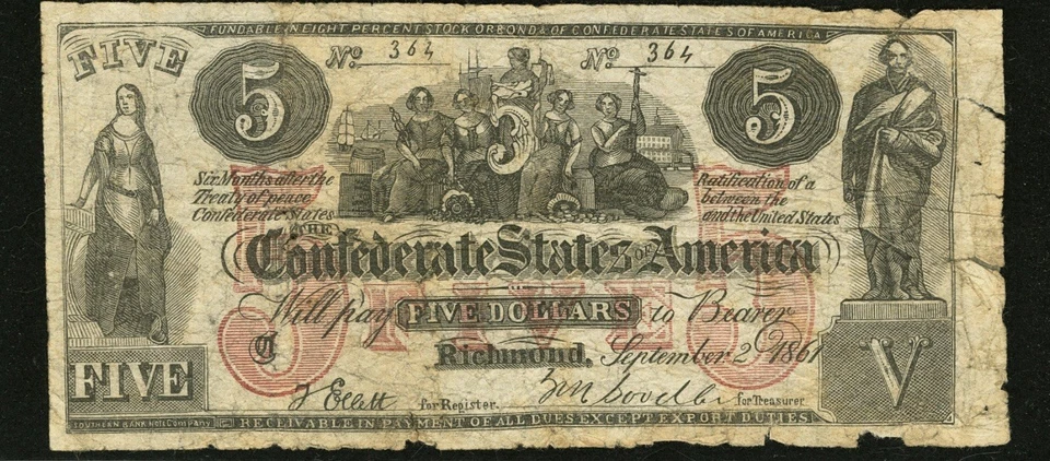 CT-31 $5 1861 Confederate States Civil War Contemporary Counterfeit Note PCGS VG - Image 3 of 4
