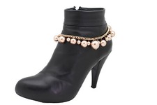 Women Gold Metal Chain Boot Bracelet Anklet Shoe Bronze Pearl Bead Charm Dressy